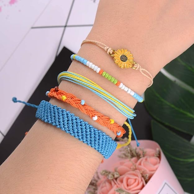 SUNSH 5PCS Boho Woven Sunflower Bracelets