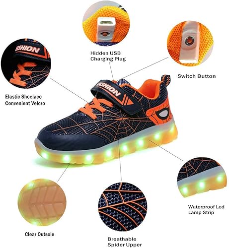 YUNICUS Kids LED Flash Sneakers with Spider Upper