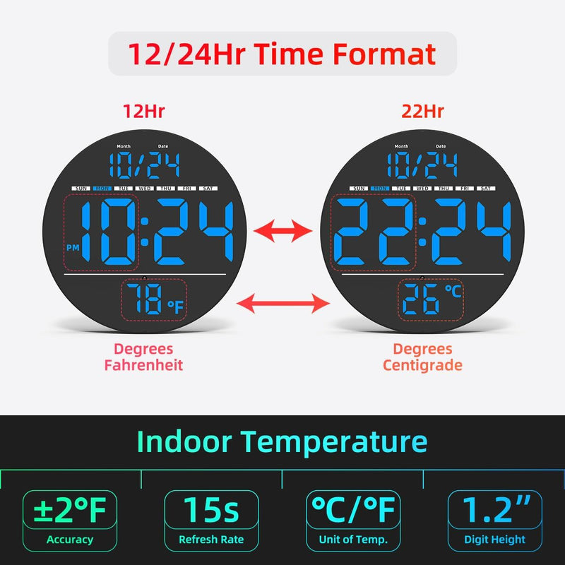 Digital LED Wall Clock with Temperature