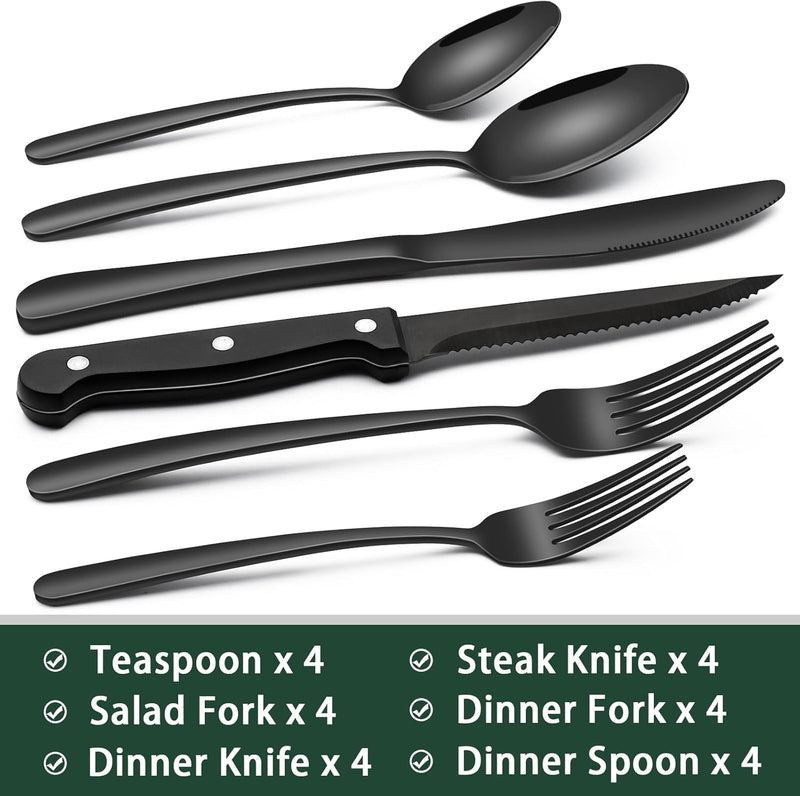 Black Stainless Steel 24-Piece Silverware Set