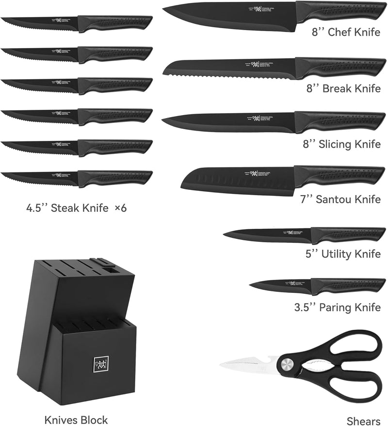 15-Piece Self-Sharpening Black Knife Set