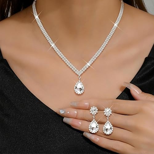 THUNARAZ Sparkled Rhinestone Necklace Set